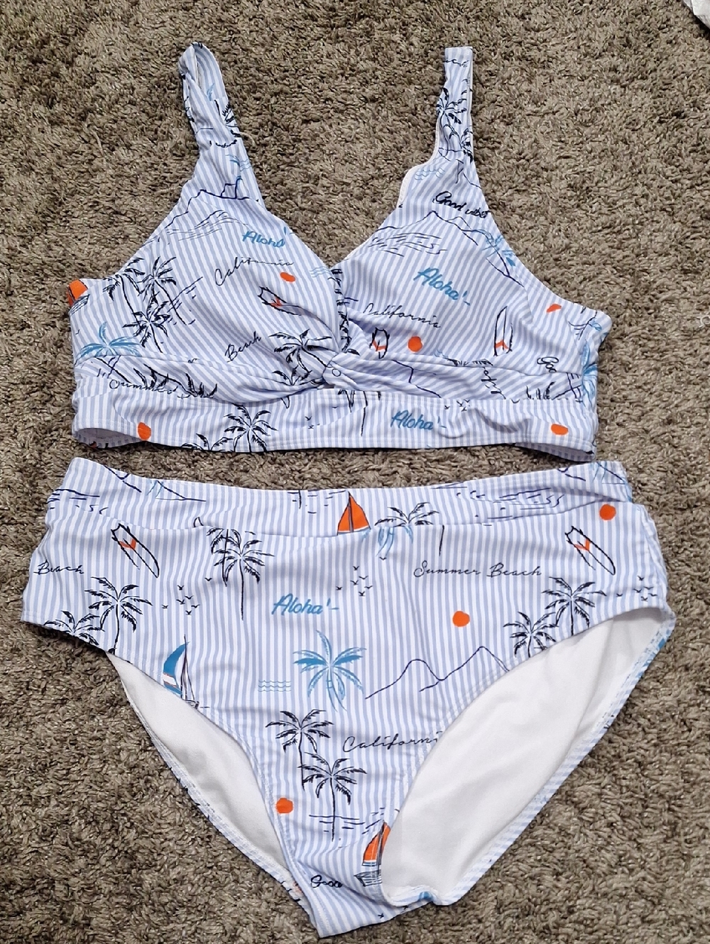 Rosewe Striped Aloha Tropical Print Bikini Set - XL - Blue White